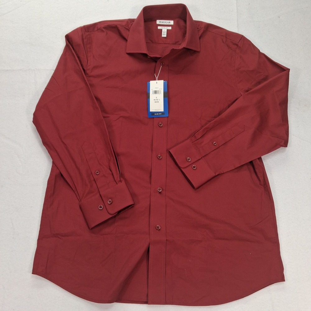 Haggar Shirt Mens L Slim Fit Red Long Sleeve Button Down NEW